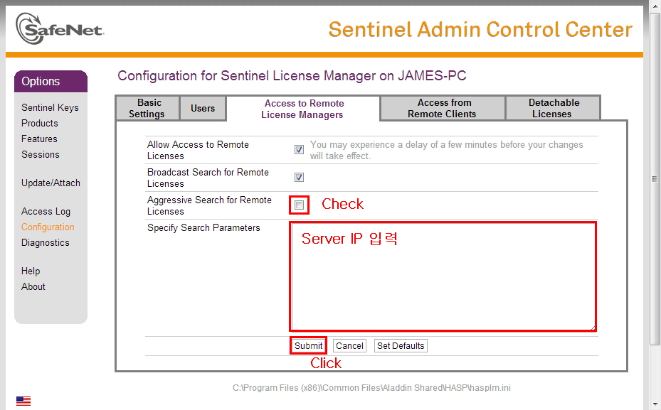 Control parameters. Sentinel License Manager. Sentinel admin Control Center. Sentinel Hasp admin Control Center. Specified License Server.